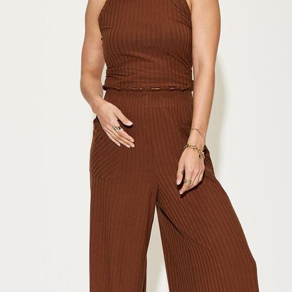 BASIC BAE Burnt Umber Two Piece Ribbed Wide Leg and Tank Outift Set NEW Misses - Picture 4 of 6